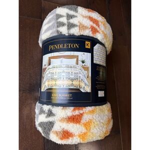 Pendleton Manta King Sherpa Blanket 112x92 Geometric Southwest Grey Orange NEW